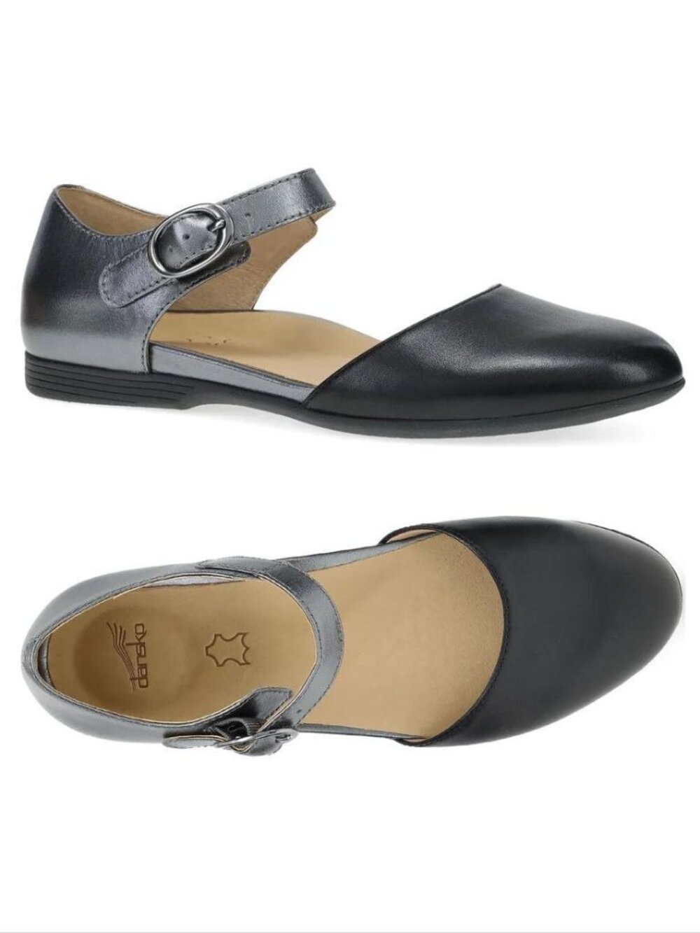 DANSKO Liv Mary Jane Flats Shoes Size 37 6.5 7 Black Pewter Metallic Leather NEW